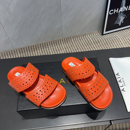 ALAIA CHUNKY TWO-STRAP SLIDES 25S IN ORANGE CALFSKIN