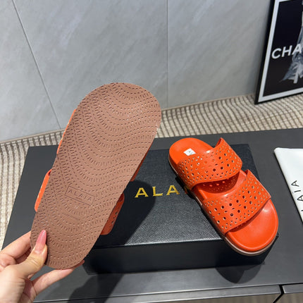 ALAIA CHUNKY TWO-STRAP SLIDES 25S IN ORANGE CALFSKIN