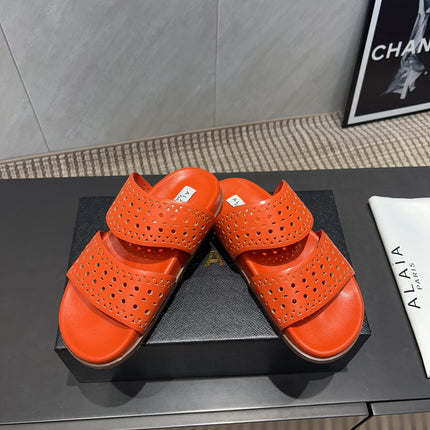 ALAIA CHUNKY TWO-STRAP SLIDES 25S IN ORANGE CALFSKIN
