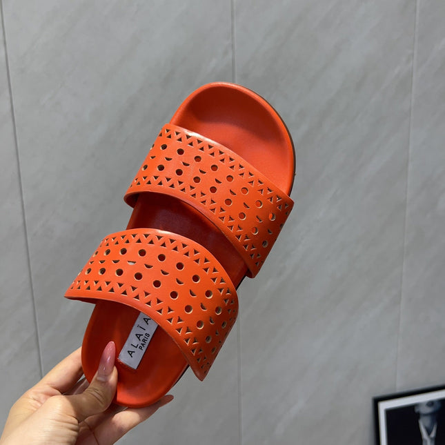 ALAIA CHUNKY TWO-STRAP SLIDES 25S IN ORANGE CALFSKIN