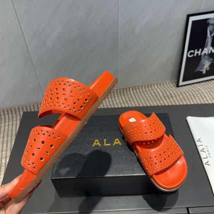 ALAIA CHUNKY TWO-STRAP SLIDES 25S IN ORANGE CALFSKIN