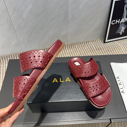 ALAIA CHUNKY TWO-STRAP SLIDES 25S IN DARK RED CALFSKIN