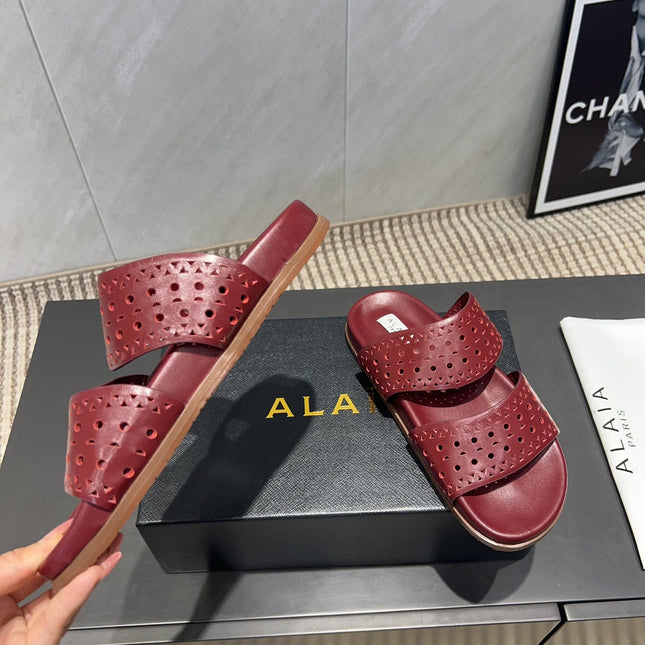 ALAIA CHUNKY TWO-STRAP SLIDES 25S IN DARK RED CALFSKIN