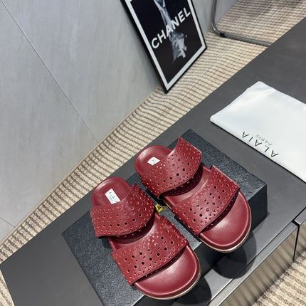 ALAIA CHUNKY TWO-STRAP SLIDES 25S IN DARK RED CALFSKIN