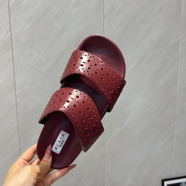 ALAIA CHUNKY TWO-STRAP SLIDES 25S IN DARK RED CALFSKIN