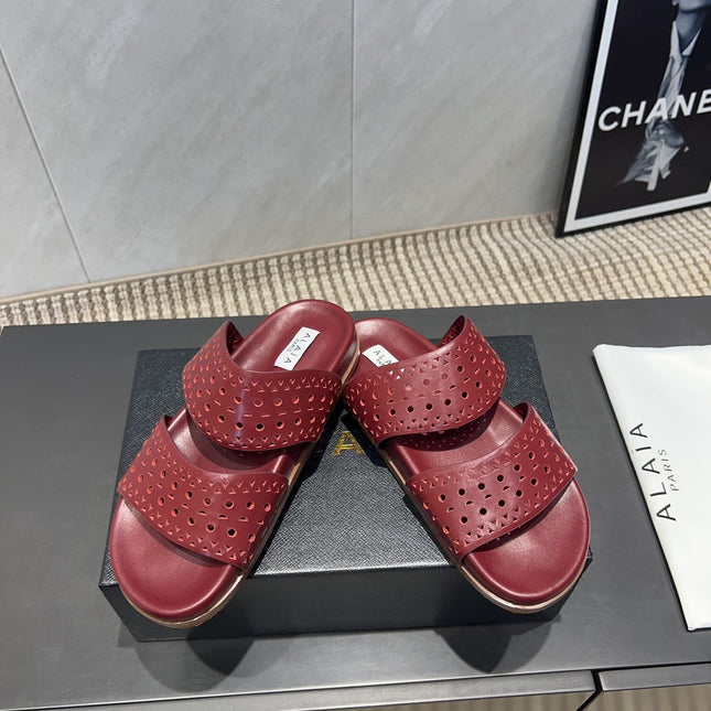 ALAIA CHUNKY TWO-STRAP SLIDES 25S IN DARK RED CALFSKIN