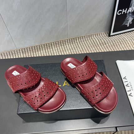 ALAIA CHUNKY TWO-STRAP SLIDES 25S IN DARK RED CALFSKIN
