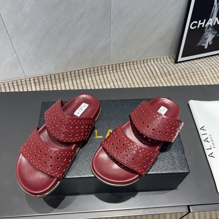 ALAIA CHUNKY TWO-STRAP SLIDES 25S IN DARK RED CALFSKIN