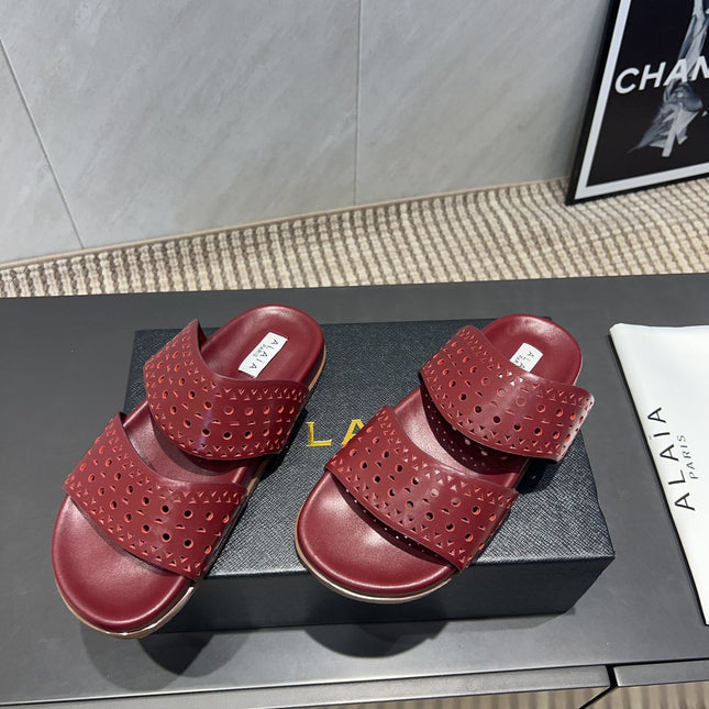 ALAIA CHUNKY TWO-STRAP SLIDES 25S IN DARK RED CALFSKIN