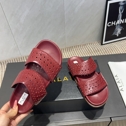 ALAIA CHUNKY TWO-STRAP SLIDES 25S IN DARK RED CALFSKIN