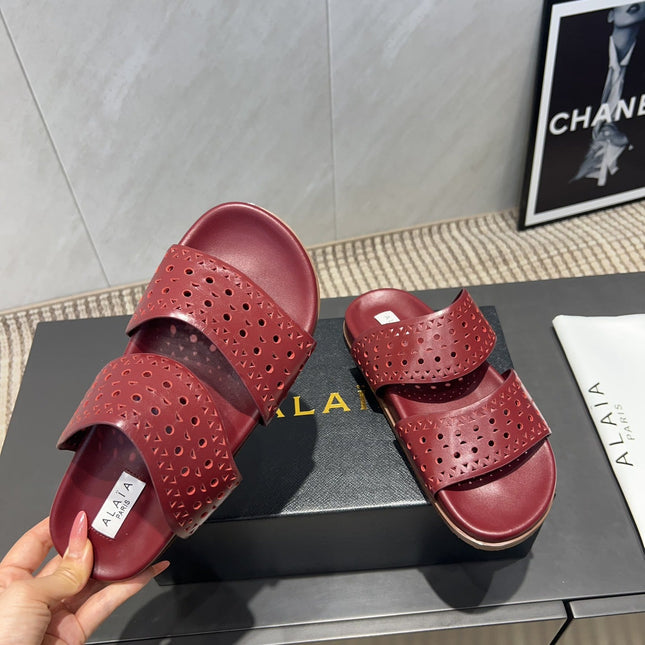 ALAIA CHUNKY TWO-STRAP SLIDES 25S IN DARK RED CALFSKIN