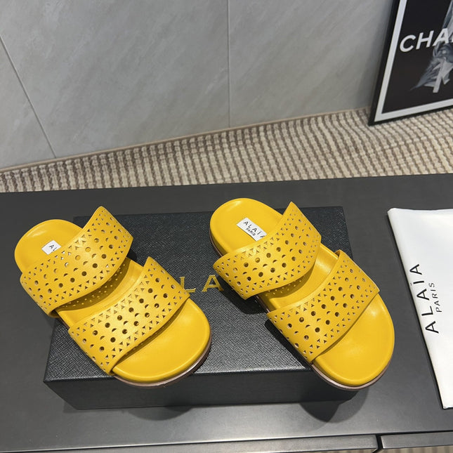 ALAIA CHUNKY TWO-STRAP SLIDES 25S IN YELLOW CALFSKIN