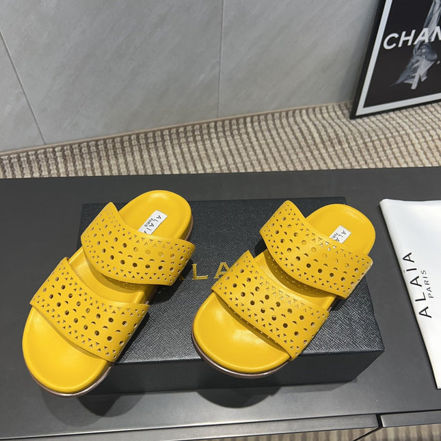ALAIA CHUNKY TWO-STRAP SLIDES 25S IN YELLOW CALFSKIN