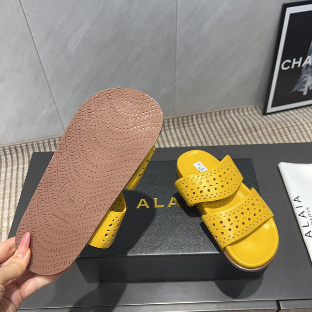 ALAIA CHUNKY TWO-STRAP SLIDES 25S IN YELLOW CALFSKIN