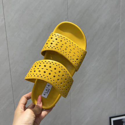 ALAIA CHUNKY TWO-STRAP SLIDES 25S IN YELLOW CALFSKIN