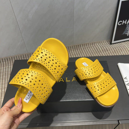 ALAIA CHUNKY TWO-STRAP SLIDES 25S IN YELLOW CALFSKIN