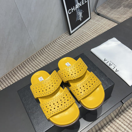 ALAIA CHUNKY TWO-STRAP SLIDES 25S IN YELLOW CALFSKIN