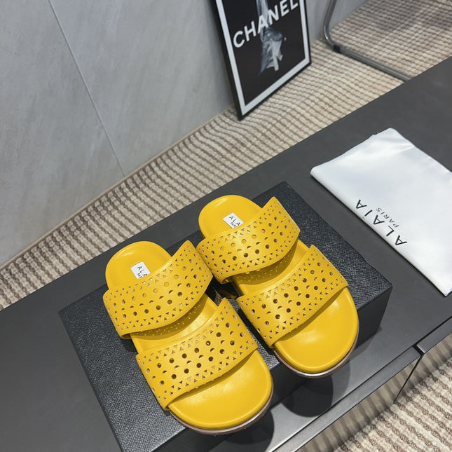 ALAIA CHUNKY TWO-STRAP SLIDES 25S IN YELLOW CALFSKIN
