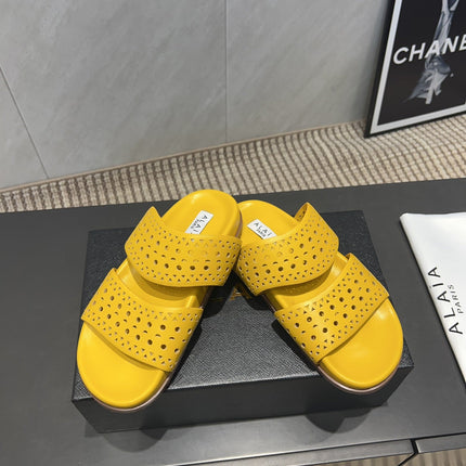 ALAIA CHUNKY TWO-STRAP SLIDES 25S IN YELLOW CALFSKIN