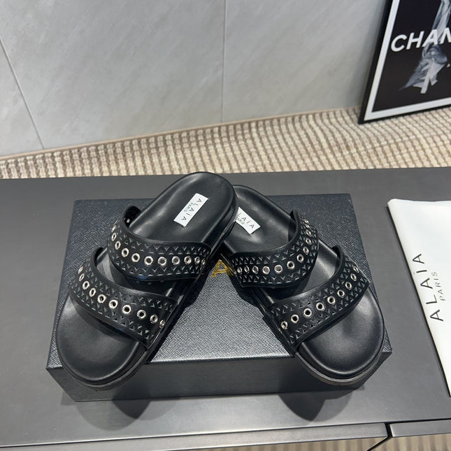 ALAIA DOUBLE-STRAP SANDALS 25S IN BLACK CALFSKIN