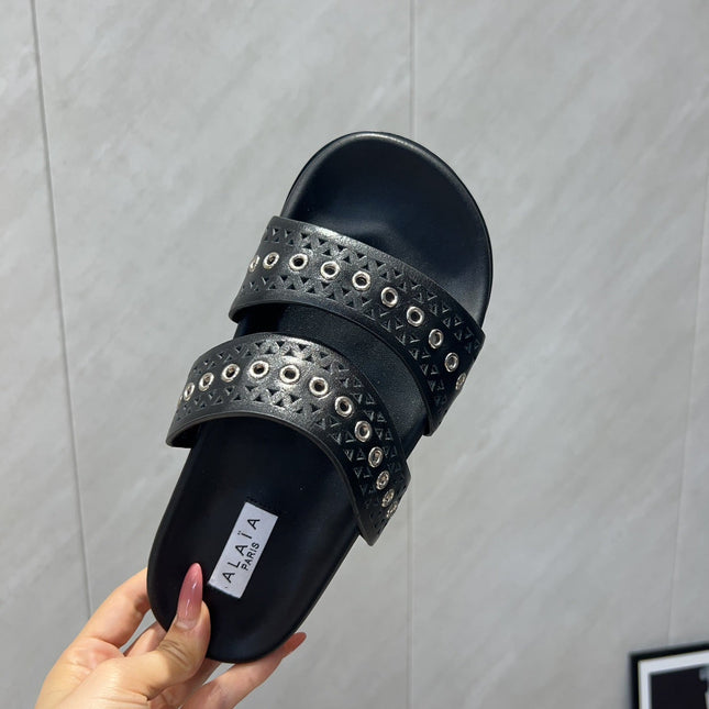 ALAIA DOUBLE-STRAP SANDALS 25S IN BLACK CALFSKIN
