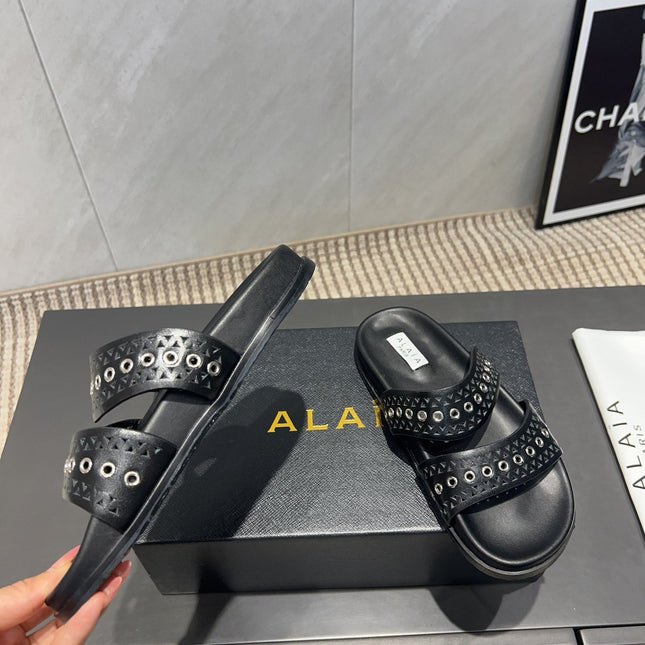 ALAIA DOUBLE-STRAP SANDALS 25S IN BLACK CALFSKIN