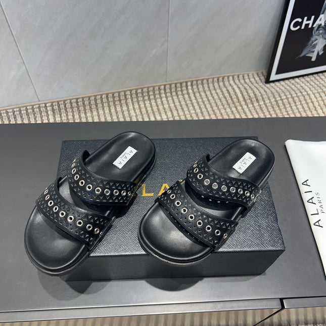 ALAIA DOUBLE-STRAP SANDALS 25S IN BLACK CALFSKIN