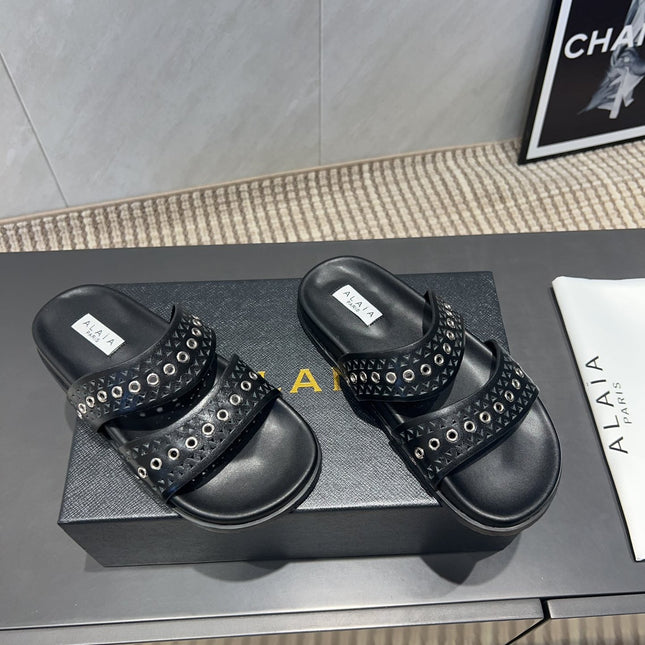 ALAIA DOUBLE-STRAP SANDALS 25S IN BLACK CALFSKIN