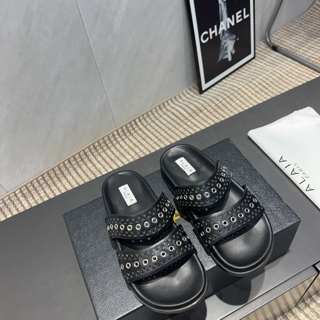 ALAIA DOUBLE-STRAP SANDALS 25S IN BLACK CALFSKIN