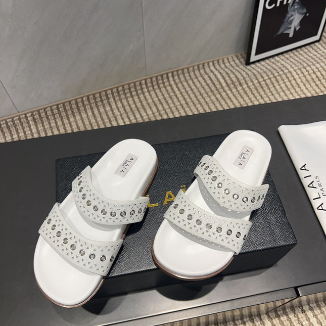 ALAIA DOUBLE-STRAP SANDALS 25S IN WHITE CALFSKIN