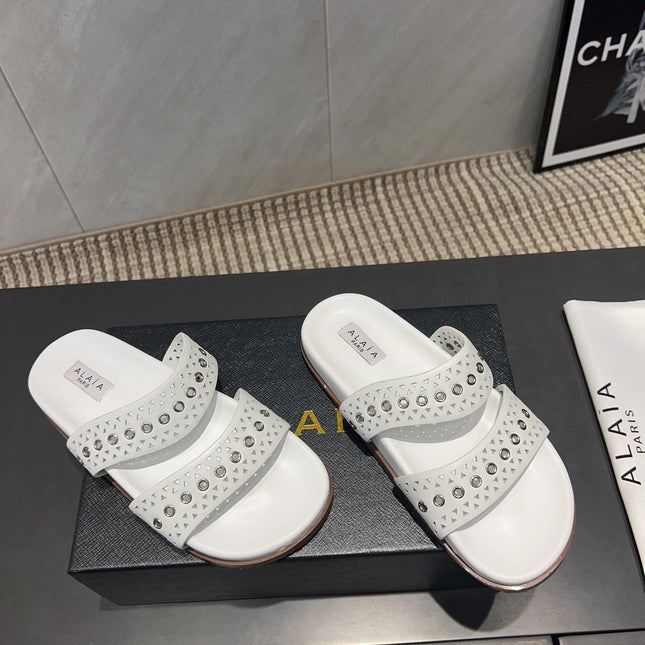 ALAIA DOUBLE-STRAP SANDALS 25S IN WHITE CALFSKIN