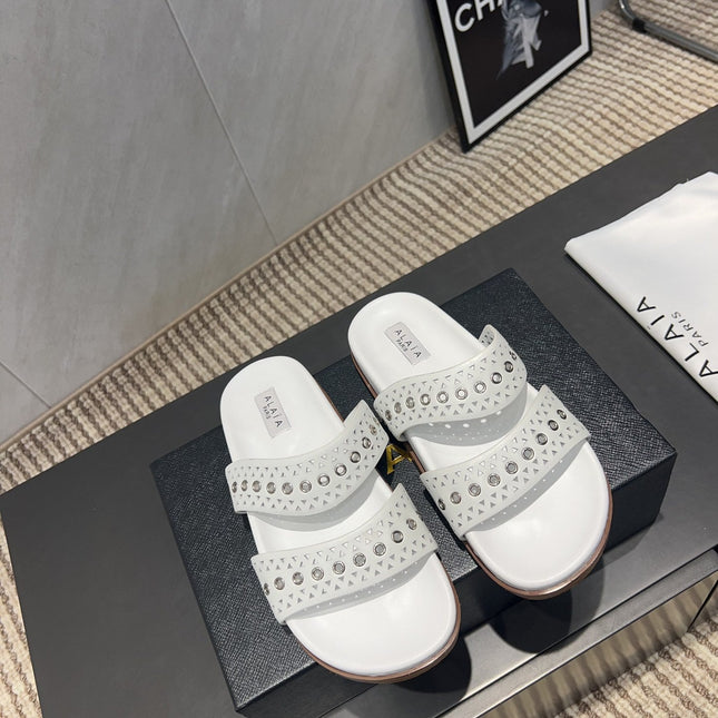 ALAIA DOUBLE-STRAP SANDALS 25S IN WHITE CALFSKIN