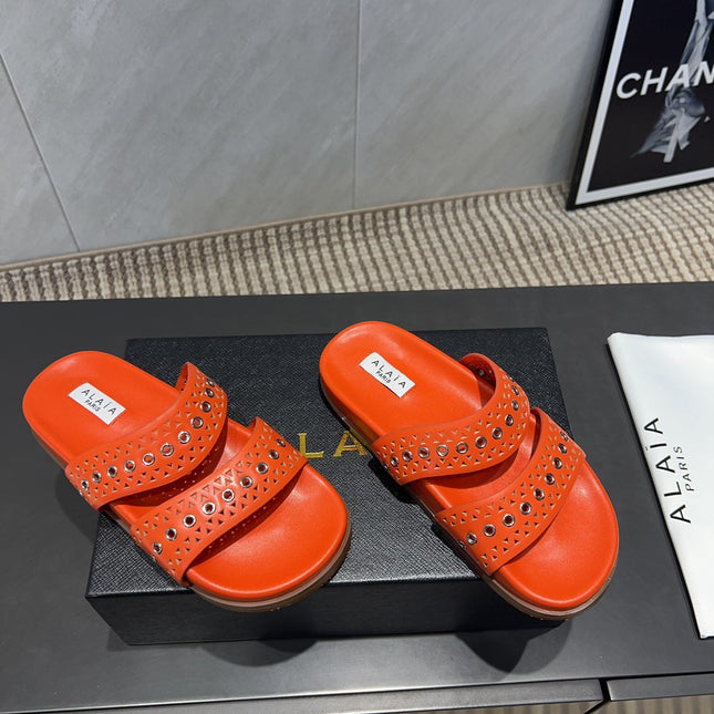 ALAIA DOUBLE-STRAP SANDALS 25S IN ORANGE CALFSKIN
