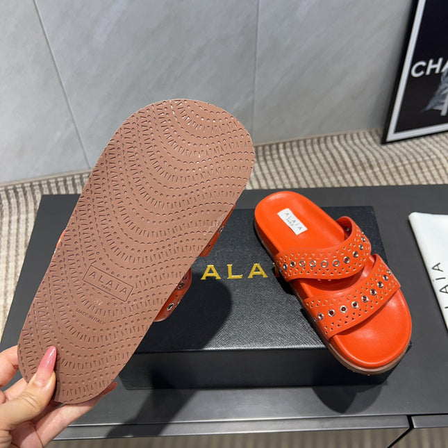 ALAIA DOUBLE-STRAP SANDALS 25S IN ORANGE CALFSKIN