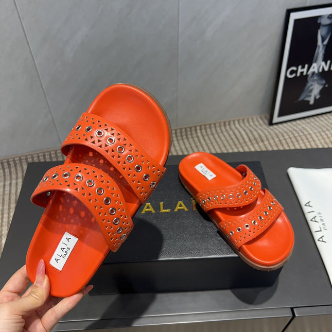ALAIA DOUBLE-STRAP SANDALS 25S IN ORANGE CALFSKIN