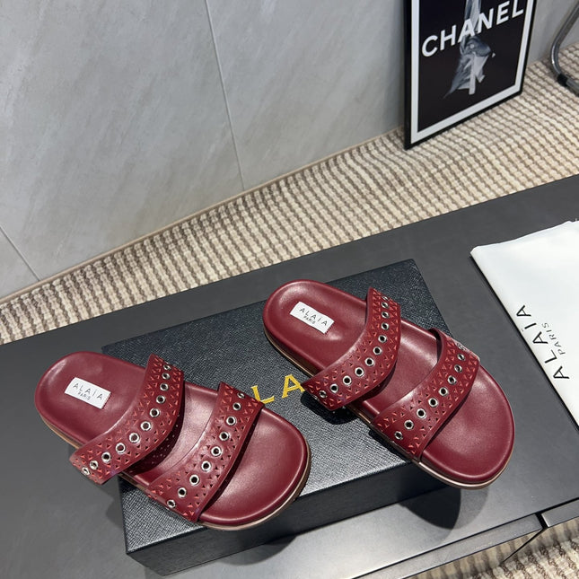 ALAIA DOUBLE-STRAP SANDALS 25S IN DARK RED CALFSKIN