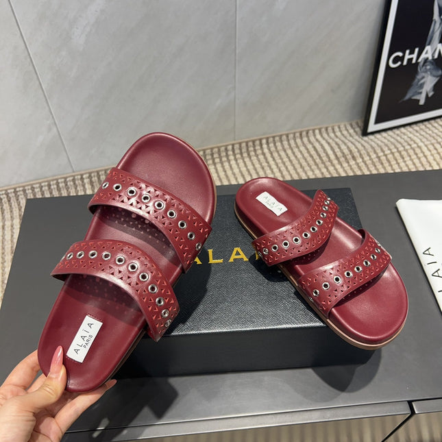 ALAIA DOUBLE-STRAP SANDALS 25S IN DARK RED CALFSKIN