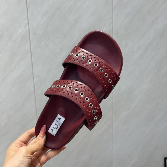 ALAIA DOUBLE-STRAP SANDALS 25S IN DARK RED CALFSKIN