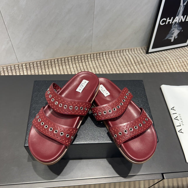 ALAIA DOUBLE-STRAP SANDALS 25S IN DARK RED CALFSKIN