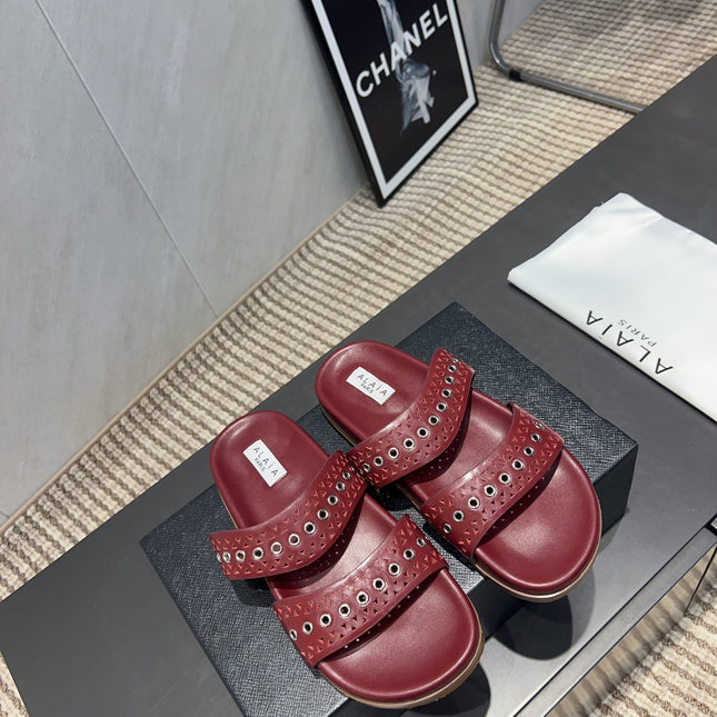 ALAIA DOUBLE-STRAP SANDALS 25S IN DARK RED CALFSKIN