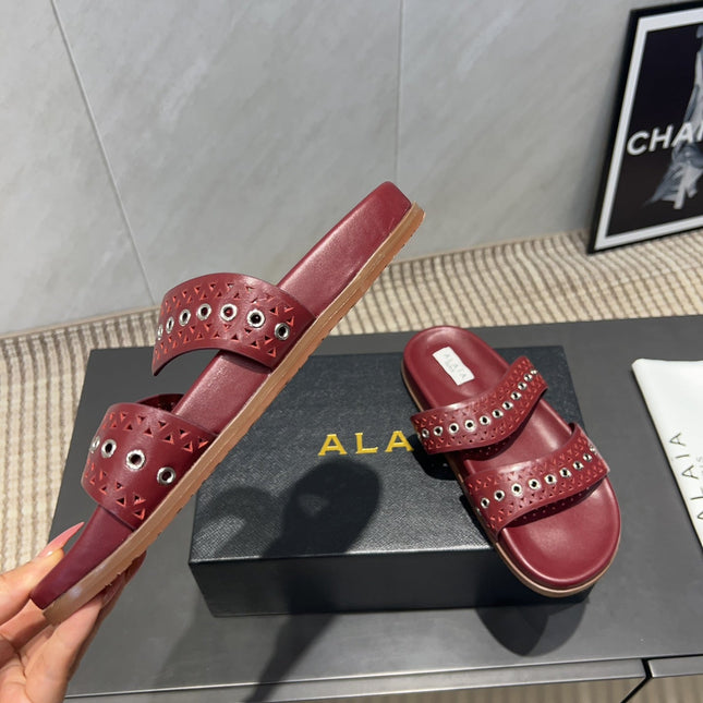 ALAIA DOUBLE-STRAP SANDALS 25S IN DARK RED CALFSKIN