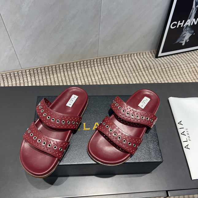 ALAIA DOUBLE-STRAP SANDALS 25S IN DARK RED CALFSKIN