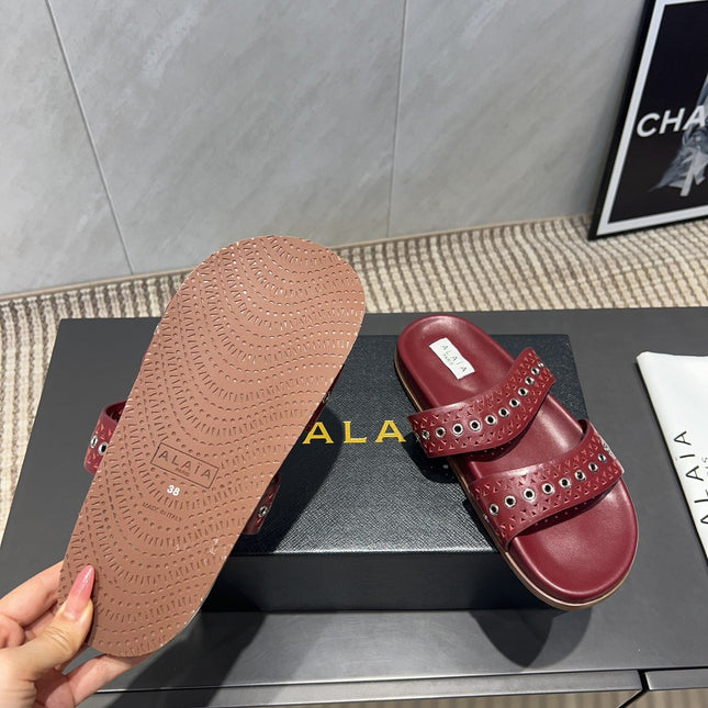 ALAIA DOUBLE-STRAP SANDALS 25S IN DARK RED CALFSKIN