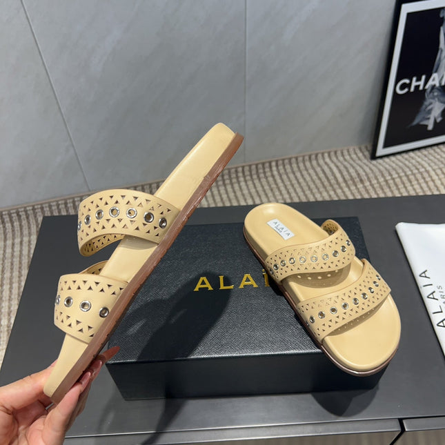 ALAIA DOUBLE-STRAP SANDALS 25S IN BEIGE CALFSKIN
