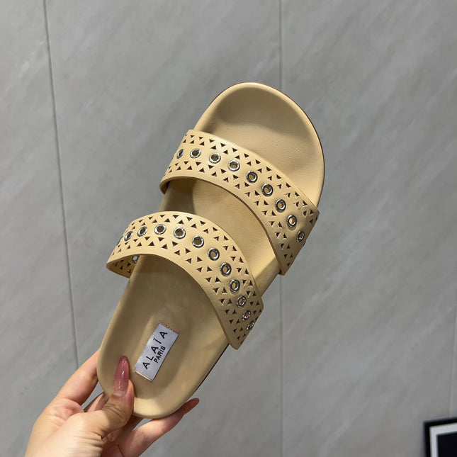 ALAIA DOUBLE-STRAP SANDALS 25S IN BEIGE CALFSKIN