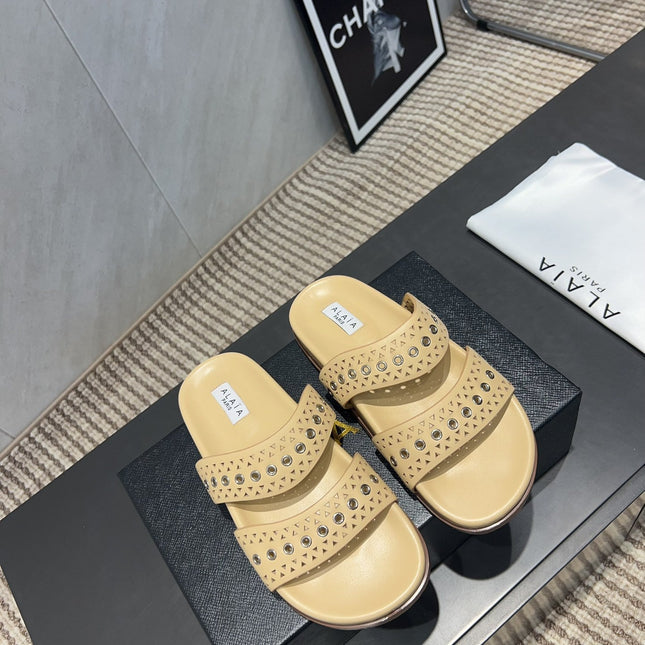 ALAIA DOUBLE-STRAP SANDALS 25S IN BEIGE CALFSKIN