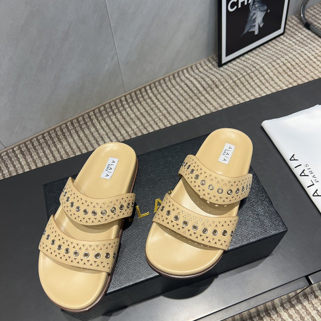 ALAIA DOUBLE-STRAP SANDALS 25S IN BEIGE CALFSKIN