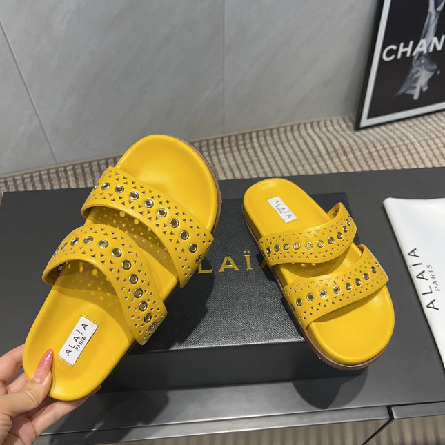 ALAIA DOUBLE-STRAP SANDALS 25S IN YELLOW CALFSKIN