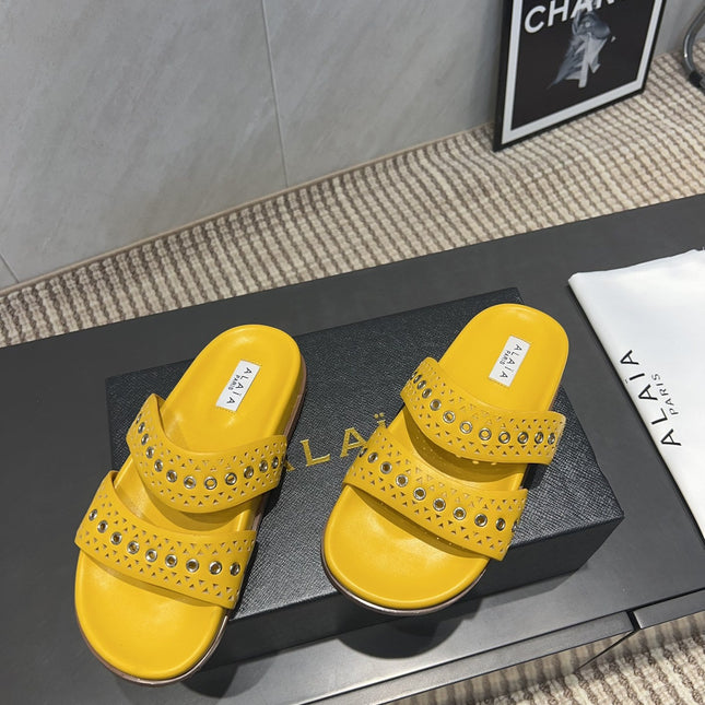 ALAIA DOUBLE-STRAP SANDALS 25S IN YELLOW CALFSKIN