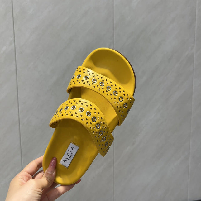 ALAIA DOUBLE-STRAP SANDALS 25S IN YELLOW CALFSKIN